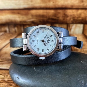 Womens Black Leather Watch, Ladies Wrap Watch,  Classic Style Watches, Minimalist Jewellery, Wristband Watch, Anniversary Gift, Silver Watch