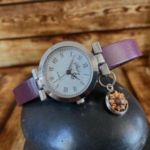 Purple Leather Watch, Womens Watch, Ladies Watch, Silver Watch, Purple Mandala, Yoga Meditation Jewellery, Violet Watch, Mandala Charm Watch
