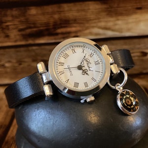 Womens Black Leather Watch, Ladies Watch,  Classic Style Watches, Mandala Watch Charm, Minimalist Jewellery, Anniversary Gifts, Silver Watch