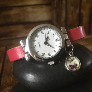 Pink Leather Watch, Butterfly Jewellery, Ladies Watch, Small Watches for Women, Butterfly Charm, Pretty Pink Watch, Leather Anniversary Gift