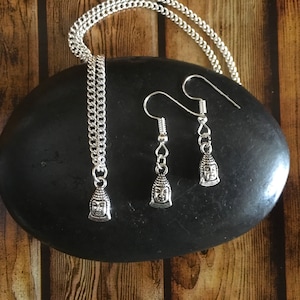 Buddha Jewellery Gift Set, Silver Plated Dangle Earrings, Buddha Earrings, Buddhism Necklace, Meditation, Yoga Jewellery, Mindfulness Gifts