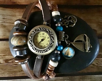 Surfer Style Uhr, Segeln Schmuck, braune Leder Surfer Uhr, Frauen Leder Uhr, Damenuhr, Nautical Anchor Charm, Boho Schmuck