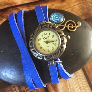 Womens Blue Leather Watch, Ladies Bracelet Wrap Watch, Musician Gift, Blue Mandala Charm Watch, Music Symbol Charm, Colourful Boho Jewellery