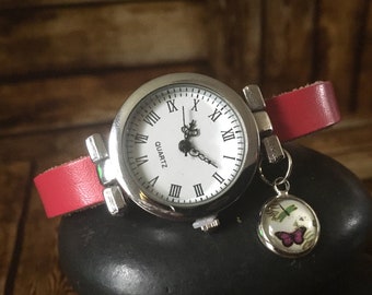 Reloj de cuero rosa, joyería de mariposas, reloj de señora, relojes pequeños para mujeres, encanto de mariposa, reloj bonito rosa, regalo de aniversario de cuero