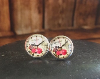 Silver stud earring | Alice in Wonderland earring | Pink Earring | Clock jewellery | Bridesmaid gift | Silver plated earring