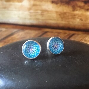 Blue Mandala Stud Earrings, Boho Style Meditation Jewellery, Nickel Free Jewellery, Silver Plated Earring, Bridesmaid Gift, Minimalist Style