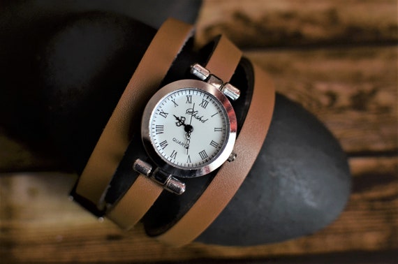 Braune Lederuhr, Damen Lederuhr, Damen Wickeluhr, Minimalistischer