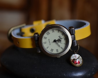 Reloj Amarillo Mujer, Reloj de Cuero para Damas, Aniversario de Bronce, Tercer Aniversario, Octavo Aniversario, Joyería Amarilla, Aniversario de Cuero