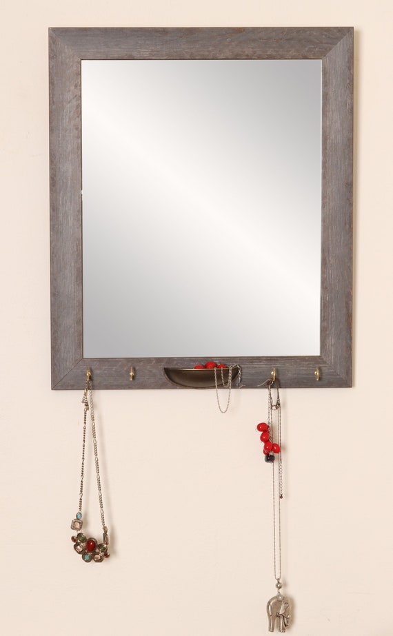 Dark Gray Brown 16 X 19 Inch Jewelry Hook Mirror Organizer Ring Tray Farmhouse Entry Way
