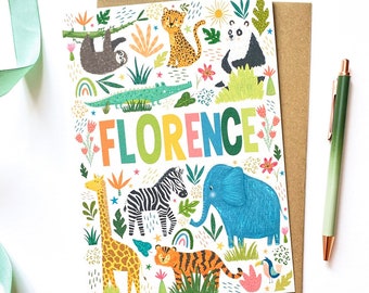 Carte de voeux personnalisée A5 animal de la jungle, carte d'anniversaire d'enfant, cartes pour enfants, carte animal de safari, carte fêtard