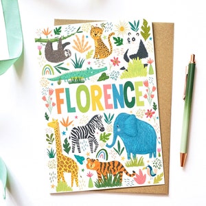 Personalised Jungle Animal A5 Greetings Card, Childrens Birthday Card, Cards for Kids, Safari Animal Card, Party Animal Card