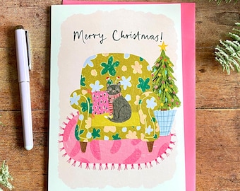 Christmas Cat Greeting Card: Festive Feline Art