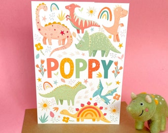 Carte de voeux personnalisée A5 dinosaure fille, carte d'anniversaire pour enfants, cartes pour enfants, cadeau dinosaure, carte pour fille petite-fille
