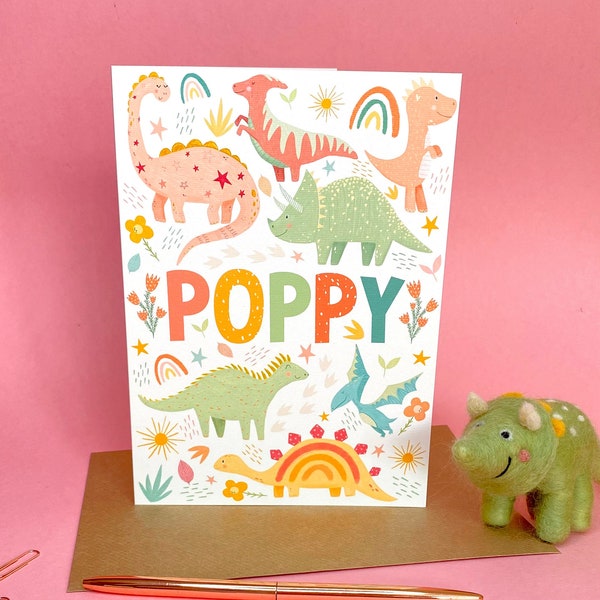 Personalised Girl Dinosaur A5 Greetings Card, Childrens Birthday Card, Cards for Kids, Dinosaur Gift, Card for Daughter Granddaughter