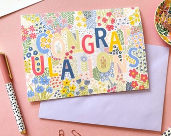 Floral Congratulations A5 Greetings Card, Engagement Card, Graduation Card, New Job Card, You Did It Card, Well Done Card, Let's Celebrate