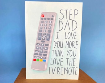 Fathers Day Step Dad TV Remote A5 Card, Funny Step Dad Fathers Day Card, Fathers Day Card From Daughter or Son, Dad TV Lover Card