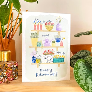 Carte de retraite A5 étagère plante, carte de retraite heureuse, cadeau de retraite pour femme, carte de départ du travail, carte de voeux florale, carte de départ