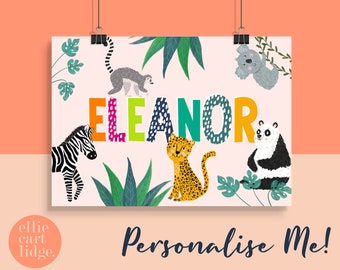 Personalised Jungle Animal Name Print / Childrens Room Decor / Nursery Print