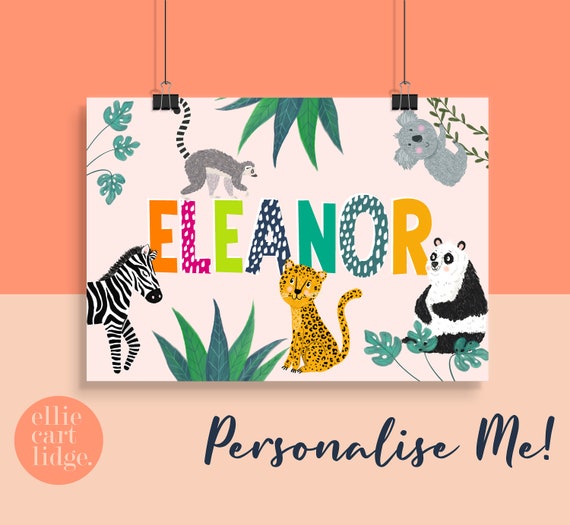 Personalised Jungle Animal Name Print / Childrens Room Decor / Nursery Print