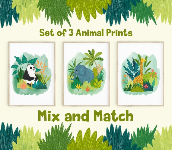 Set of 3 or 6 Jungle Animal Illustration Prints / Nursery Art Prints / Jungle Room Decor