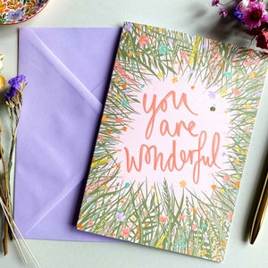 Carte de voeux A5 florale You Are Wonderful, carte de citation positive, cadeau ramenez-moi, carte de remerciement, carte de motivation, cartes pour amis