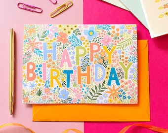 Floral Happy Birthday A5 Greetings Card, Cards for her, Birthday card for friend, Birthday Card for Sister, Folk Floral Greeting Card