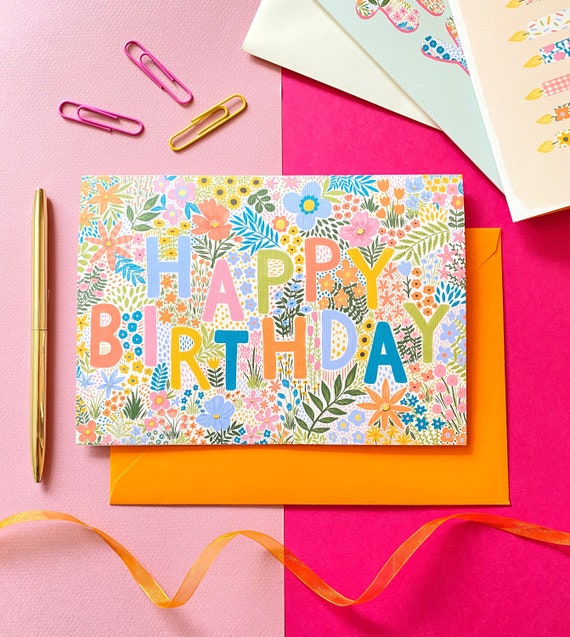 Floral Happy Birthday A5 Greetings Card, Cards for her, Birthday card for friend, Birthday Card for Sister, Folk Floral Greeting Card