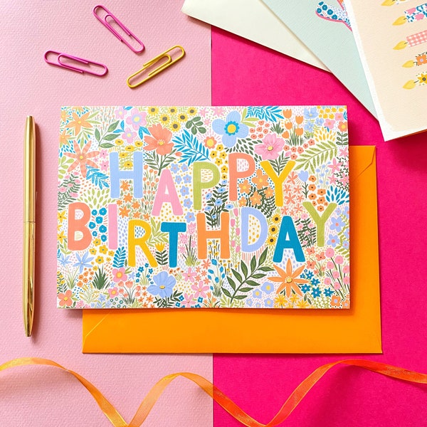 Floral Happy Birthday A5 Greetings Card, Cards for her, Birthday card for friend, Birthday Card for Sister, Folk Floral Greeting Card