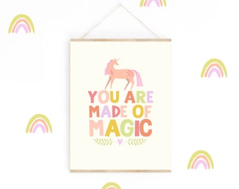 You Are Made of Magic Unicorn Quote Print, Nursery Wall Art, Unicorn Kids Print, Wall Art for Girls, Unicorn Theme Room Decor