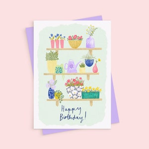 Plant Shelf A5 Birthday Card, Happy Birthday Card, Plant Lover Gift, Crazy Plant Lady Card, Floral Greetings Card, Birthday Card for Her