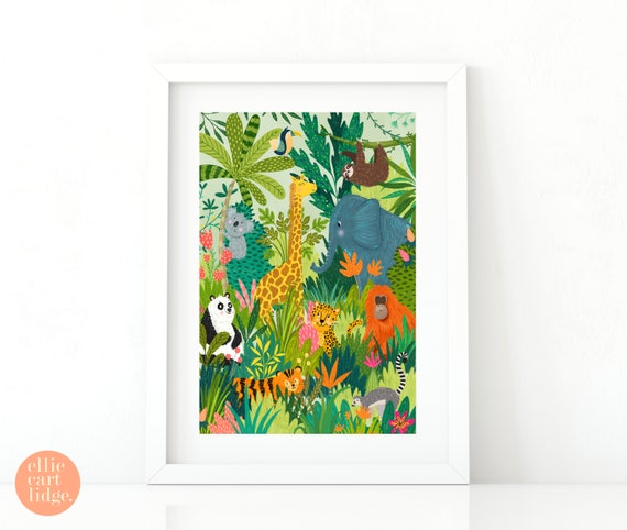 Jungle Pals Animal Print / Rainforest / Tropical Illustration / Childrens Nursery Wall Art