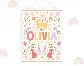 Unicorn Floral Woodland Personalised Name Print / Nursery Wall Art / Girls Room Decor