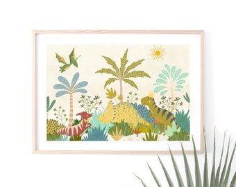 Dinosaur Jungle Landscape Print / Nursery Kids Wall Art / Unisex Prints