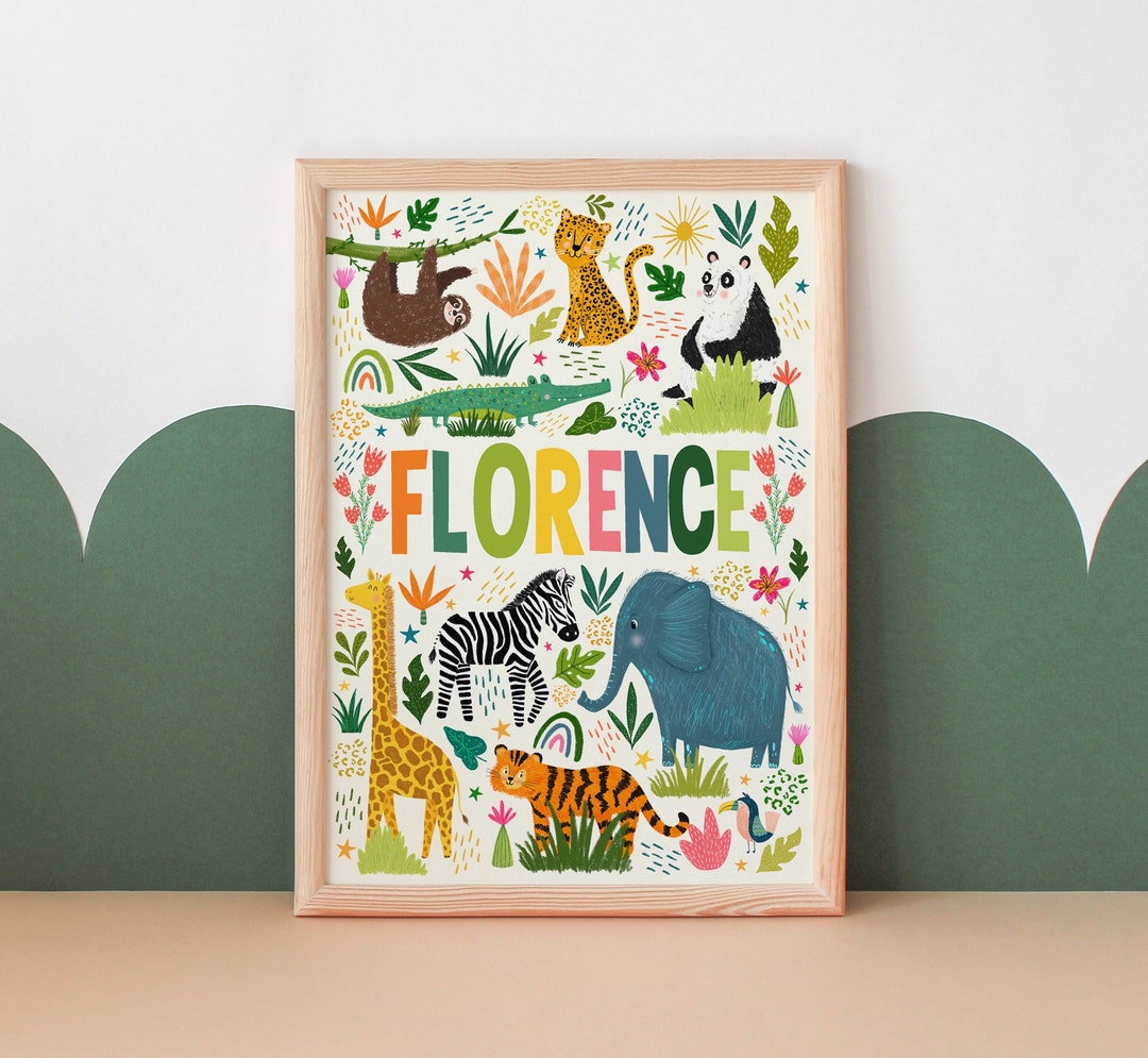 Personalised Jungle Animal Name Print, Safari Nursery Kids Print