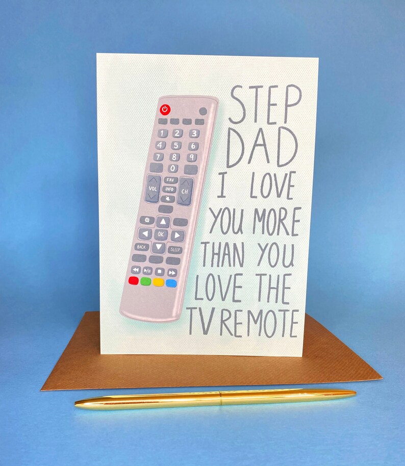 Fathers Day Step Dad TV Remote A5 Card, Funny Step Dad Fathers Day Card, Fathers Day Card From Daughter or Son, Dad TV Lover Card image 1