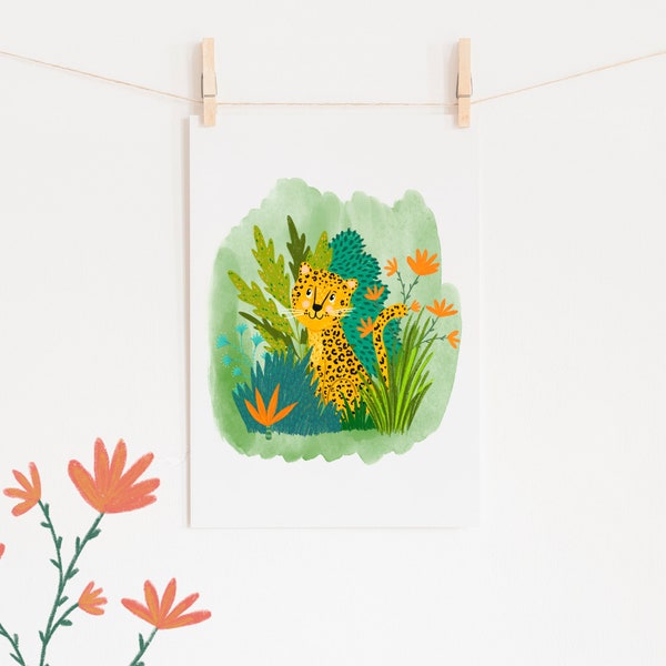 Leopard Jungle Illustration Print / Nursery Wall Art / Cat Lovers Print / Unisex Print