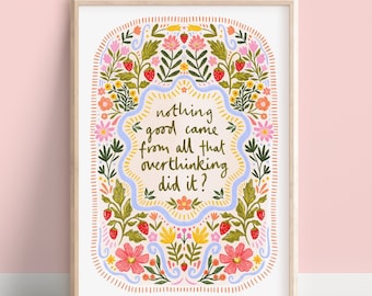 Impression de citation florale aux fraises trop réfléchie, art mural bohème fleur sauvage, oeuvre d'art esprit positif, impressions sur la santé mentale, poster overthinking
