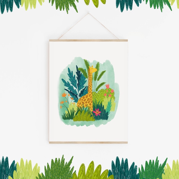 Giraffe Jungle Illustration Print / Nursery Wall Art / Safari Print