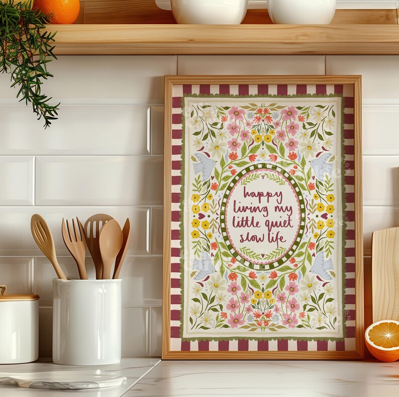 Little Quiet Life Floral Quote Print, Live Slow Print, Boho Floral Wall Art, Positive Mind Artwork, Mental Health Prints, Happy Life Print image 4