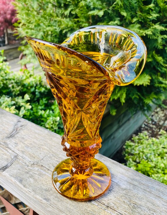 Vintage Art Deco Amber Glass Fan Vase Etsy