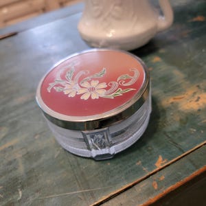 Vintage Art Deco Style Powder Jar with Enamel Floral Lid - Elegant Dresser Box, Vanity Decor