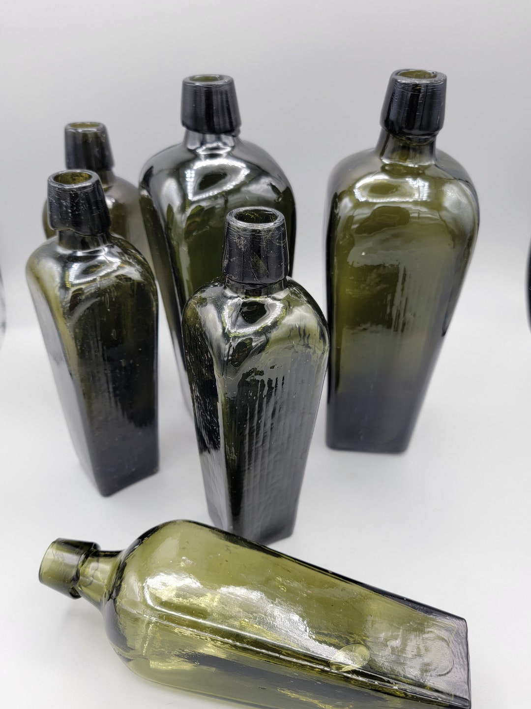 Antique Case Gin Bottles Taper Gin Olive Glass Coffin Bottle Etsy