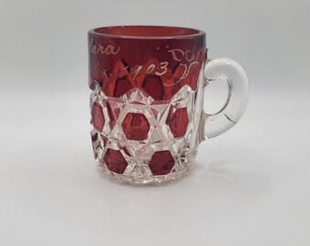 Antique Ruby Flashed EAPG Mug, Engraved Clara Toronto 1903, Victorian Glassware