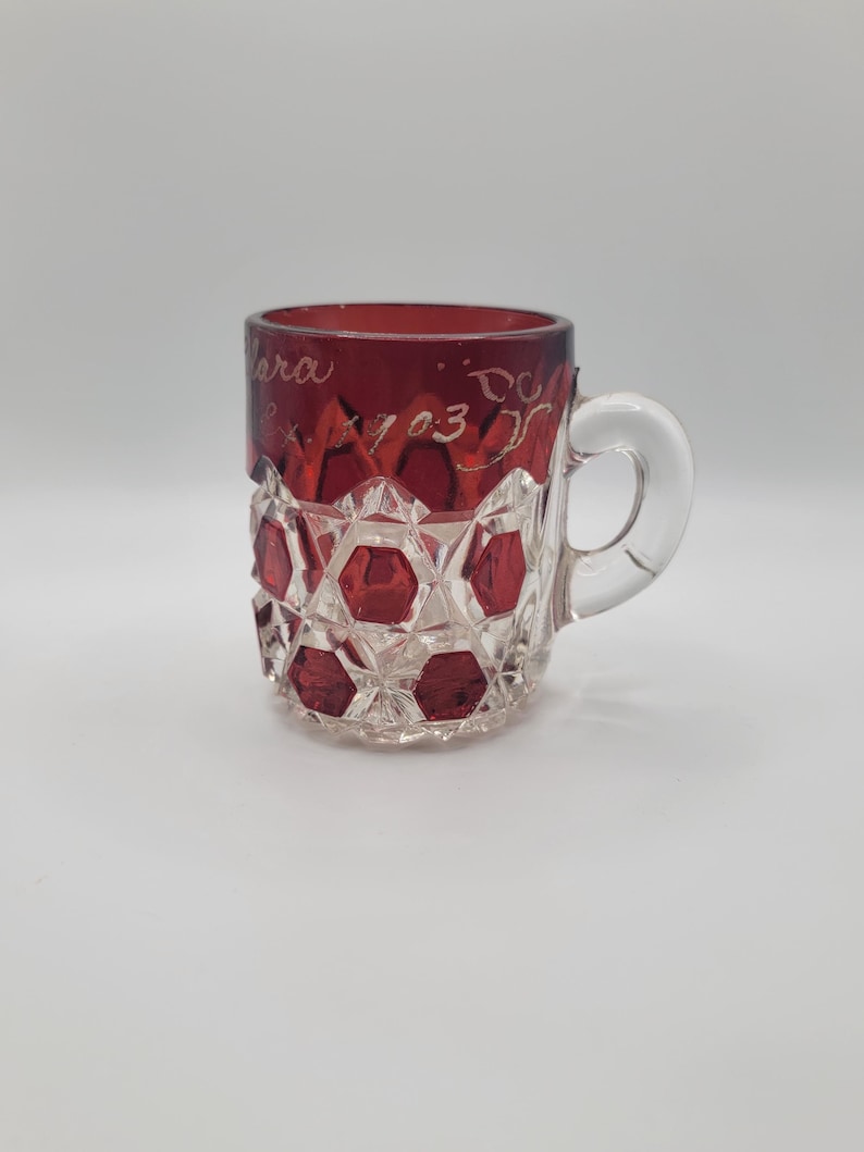 Antique Ruby Flashed EAPG Mug, Engraved Clara Toronto 1903, Victorian Glassware image 1