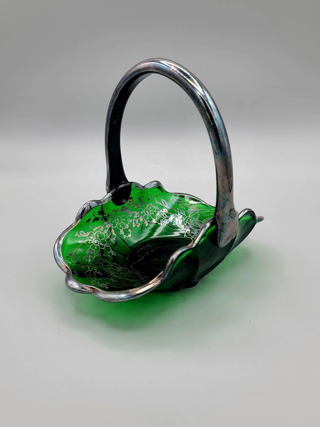 Vintage Emerald Green Glass Basket With Sterling Silver Etsy