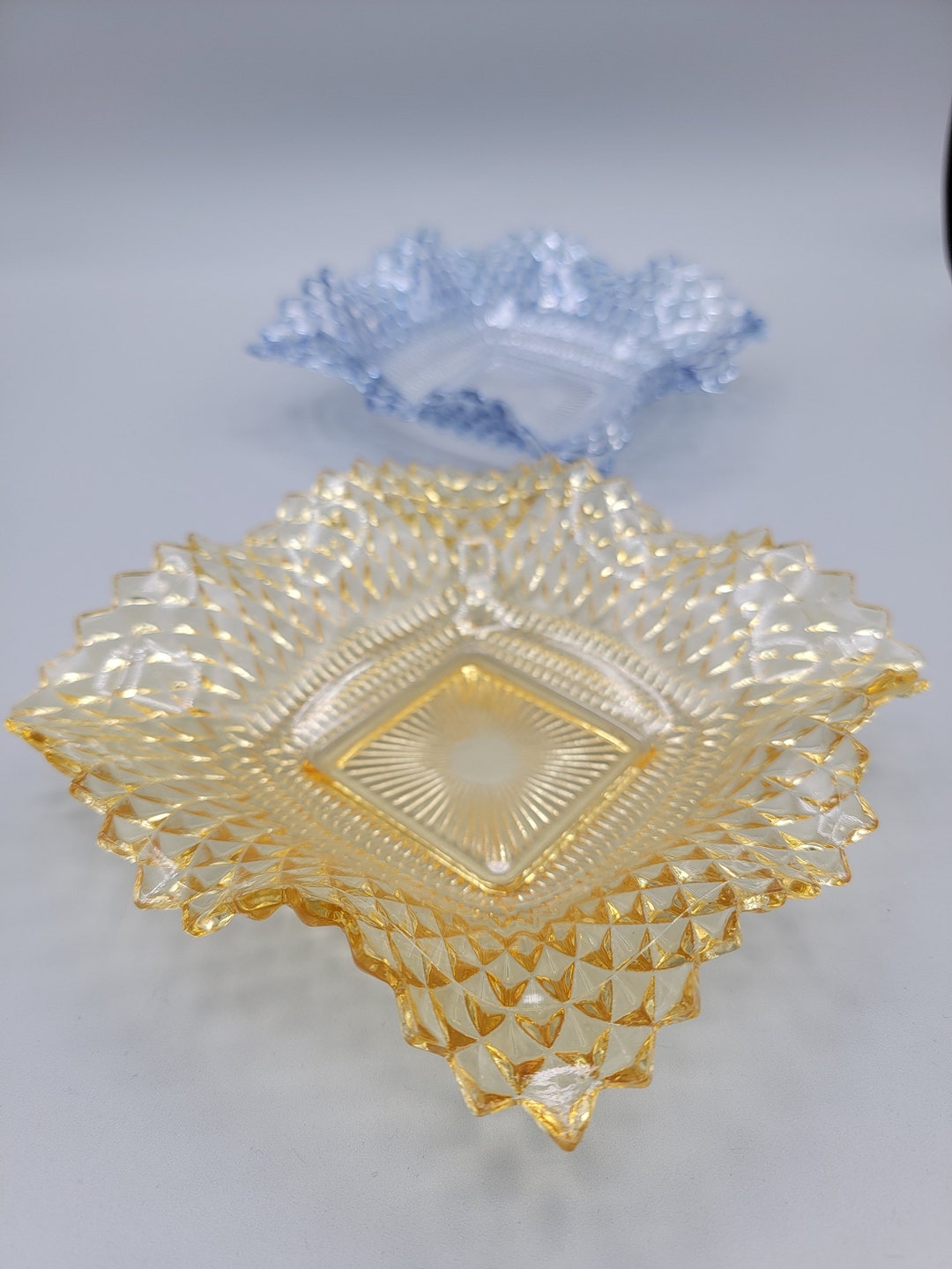 Vintage Indiana Glass Diamond Point Pattern Blue/clear | Yellow Dish - Etsy