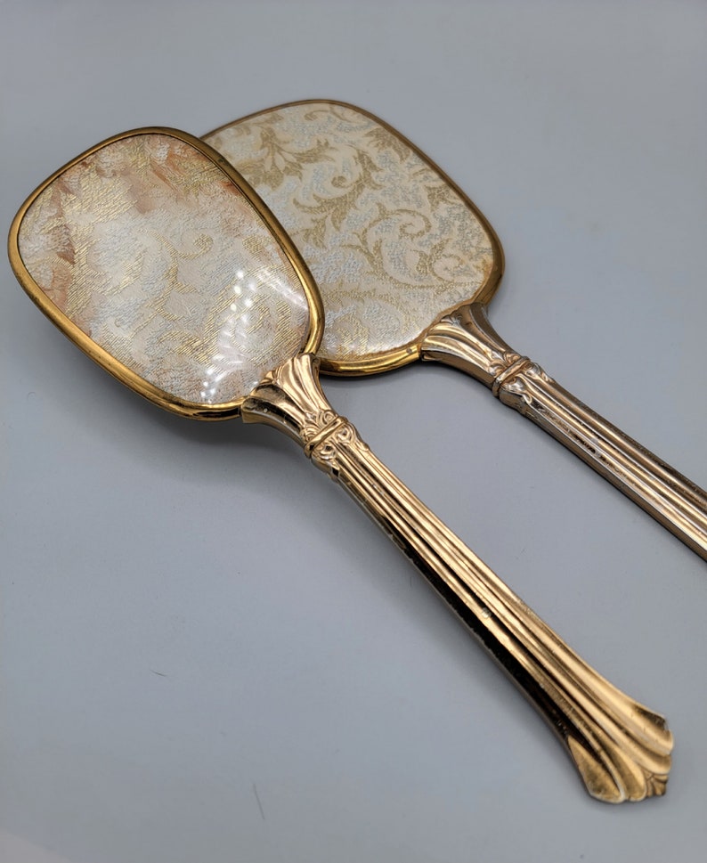 Vintage Vanity Mirror and Hair Brush Set Art Deco Embroidered Back Etsy