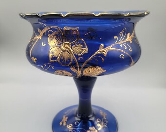 Vintage Cobalt Blue Hand Blown Glass Compote, Gold Floral Pedestal Bowl