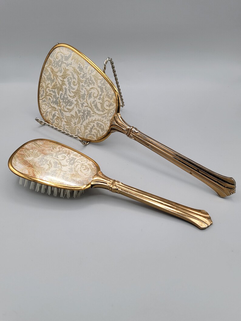 Vintage Vanity Mirror and Hair Brush Set Art Deco Embroidered Back Etsy