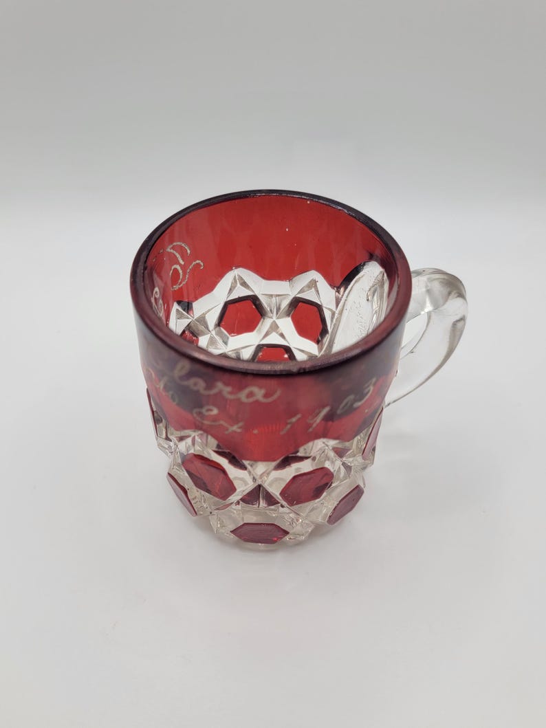 Antique Ruby Flashed EAPG Mug, Engraved Clara Toronto 1903, Victorian Glassware image 5
